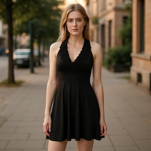 Onyx Nite Black Cocktail Dress 10 Halter Ruffle Front Tie Back Sleeveless Party - Picture 1 of 11